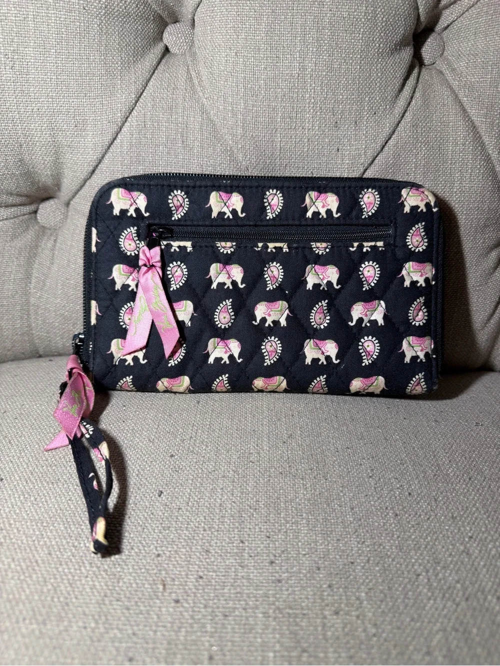 Vera Bradley Black Wallet with Pink Elephant Print Wristlet
